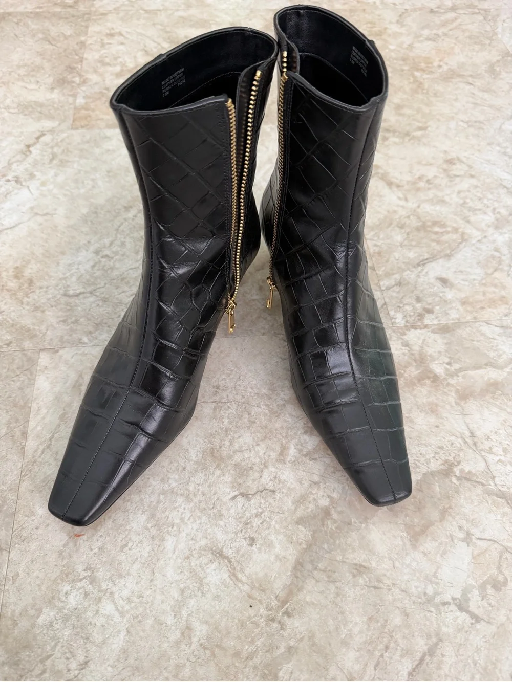 Michael Kors Croc-Embossed Black Leather Ankle Boots with Kitten Heel
